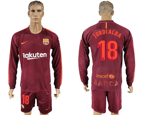 Barcelona #18 Jordi Alba Sec Away Long Sleeves Soccer Club Jersey